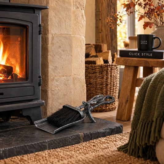 Silver & Black Brushed Steel Hearth Tidy with X-Shaped Stand & Crook Handles – Brush & Shovel Fireplace Cleaning Set 37x13x8cm beside Wood Burning Stove | Click Style