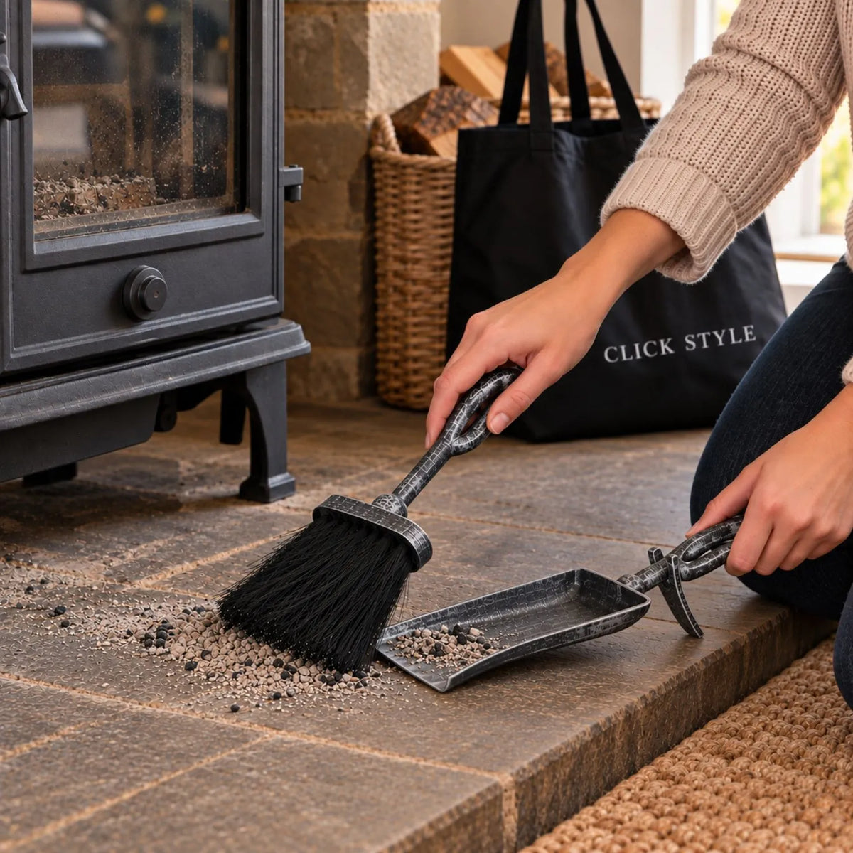 Silver & Black Brushed Steel Hearth Tidy with X-Shaped Stand & Crook Handles – Brush & Shovel Fireplace Cleaning Set 37x13x8cm Brush & Shovel in Use on Hearth | Click Style
