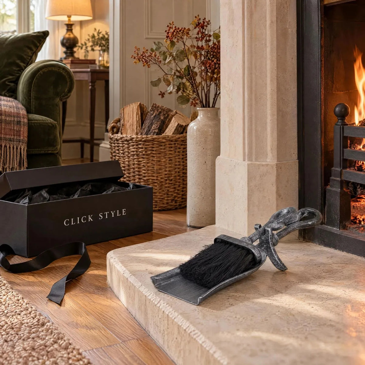 Silver & Black Brushed Steel Hearth Tidy with X-Shaped Stand & Crook Handles – Brush & Shovel Fireplace Cleaning Set 37x13x8cm beside Fireplace with Click Style Delivery Box | Click Style