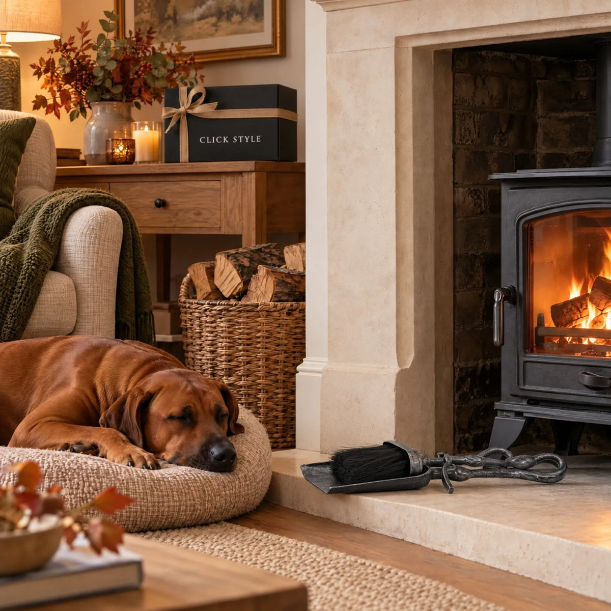 Silver & Black Brushed Steel Hearth Tidy with X-Shaped Stand & Crook Handles – Brush & Shovel Fireplace Cleaning Set 37x13x8cm beside Fireplace with Rhodesian Ridgeback | Click Style