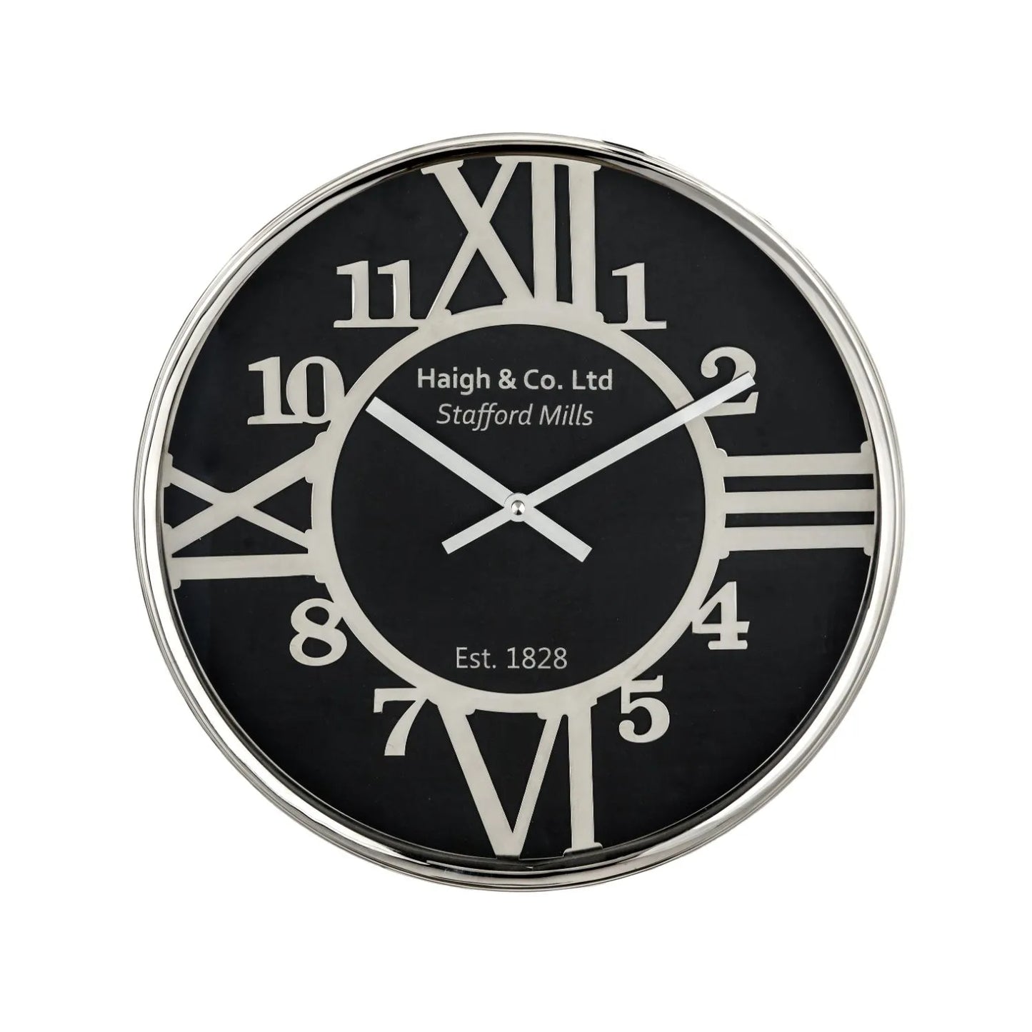 Silver & Black Round Metal Wall Clock with Silver Hands Roman & Arabic Numerals 40x6cm - Click Style