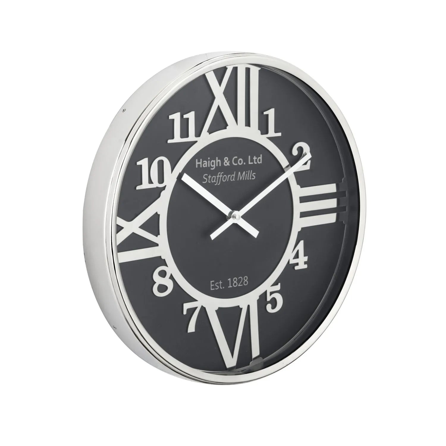 Silver & Black Round Metal Wall Clock with Silver Hands Roman & Arabic Numerals 40x6cm - Click Style