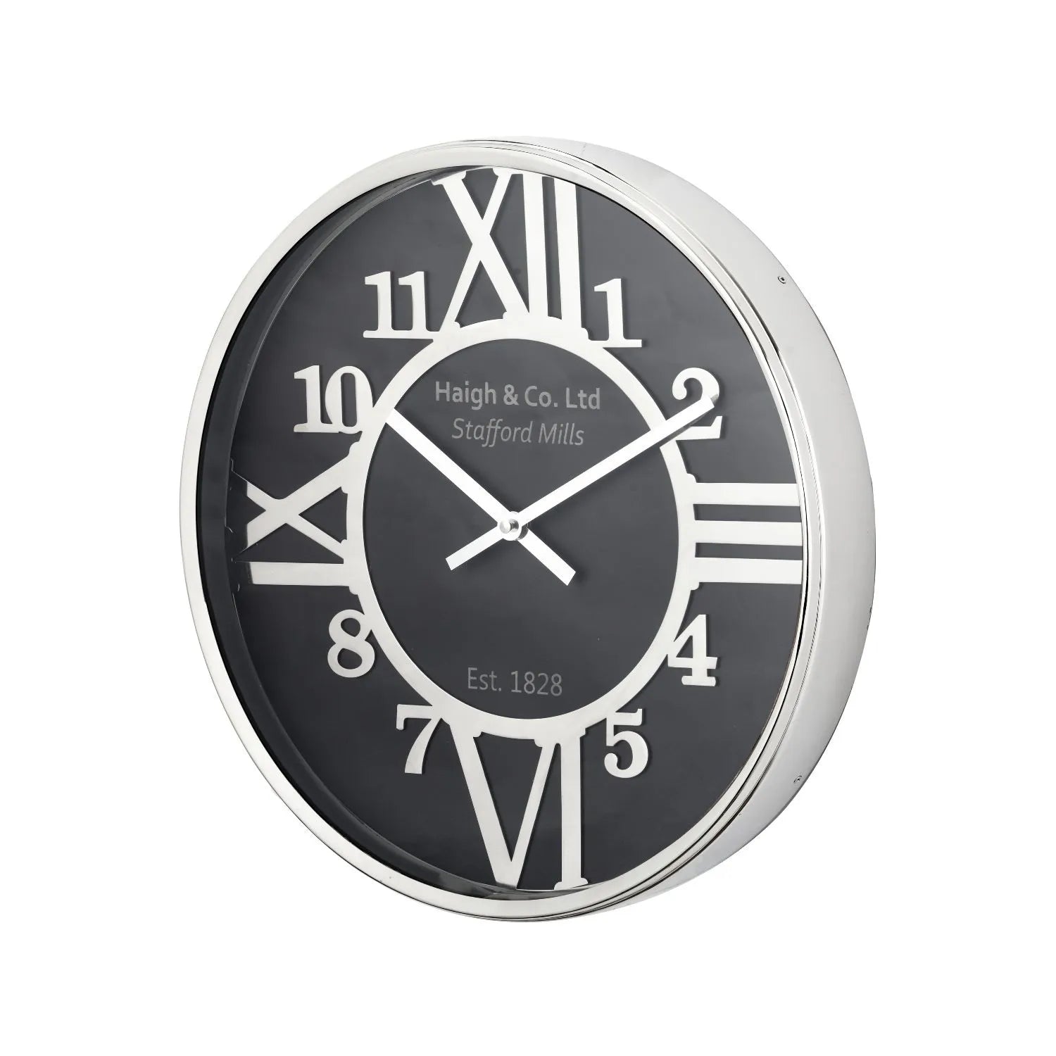 Silver & Black Round Metal Wall Clock with Silver Hands Roman & Arabic Numerals 40x6cm - Click Style