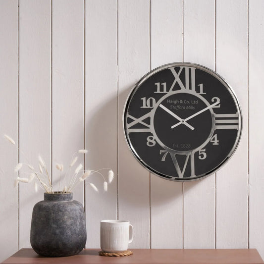 Silver & Black Round Metal Wall Clock with Silver Hands Roman & Arabic Numerals 40x6cm - Click Style