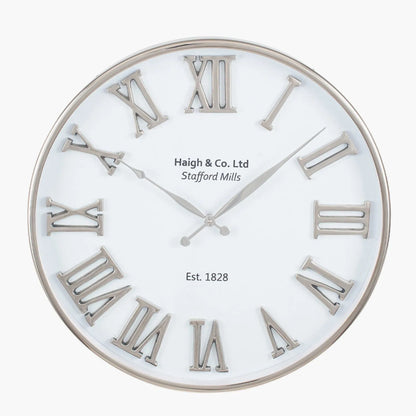 Silver & White Round Metal Wall Clock with Roman Numerals and Silver Hands 61x61x5cm - Click Style