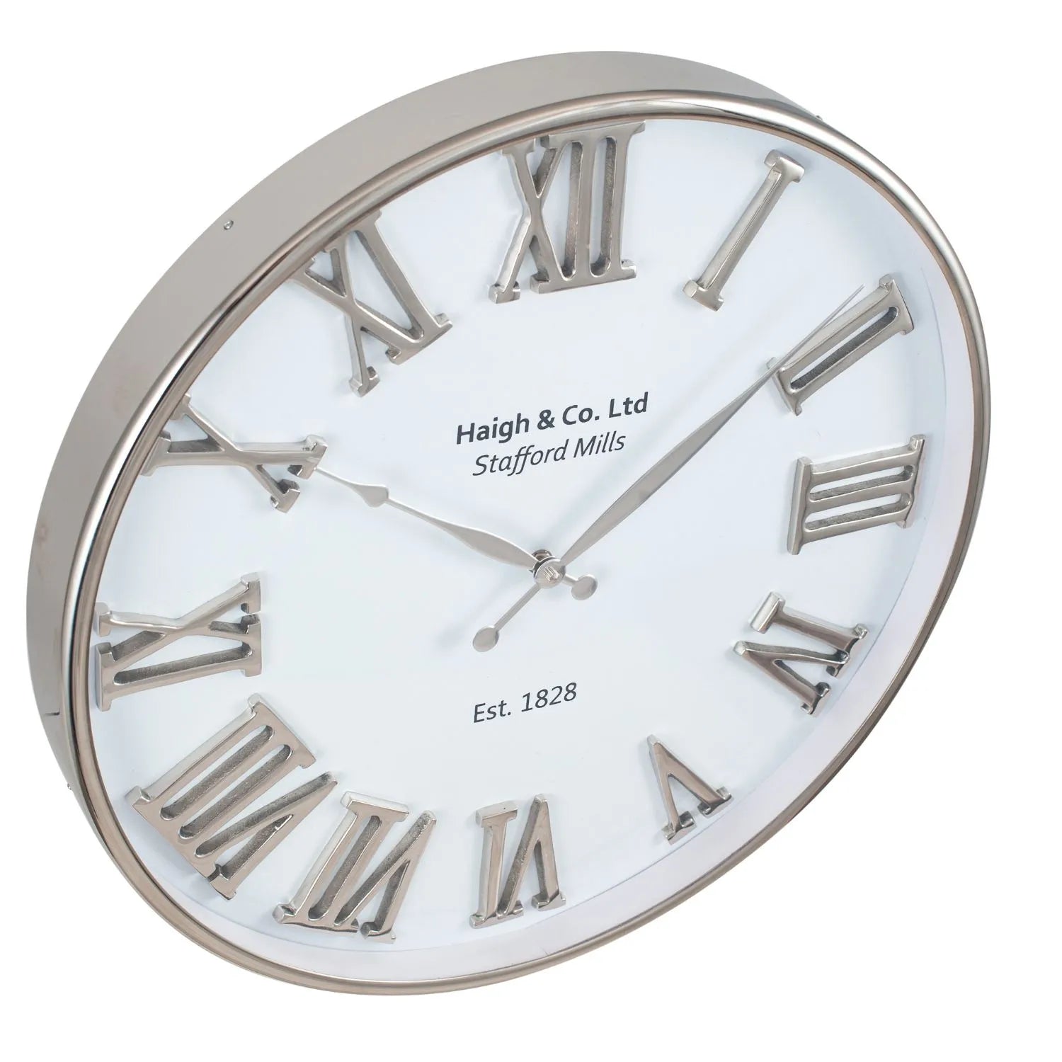 Silver & White Round Metal Wall Clock with Roman Numerals and Silver Hands 61x61x5cm - Click Style