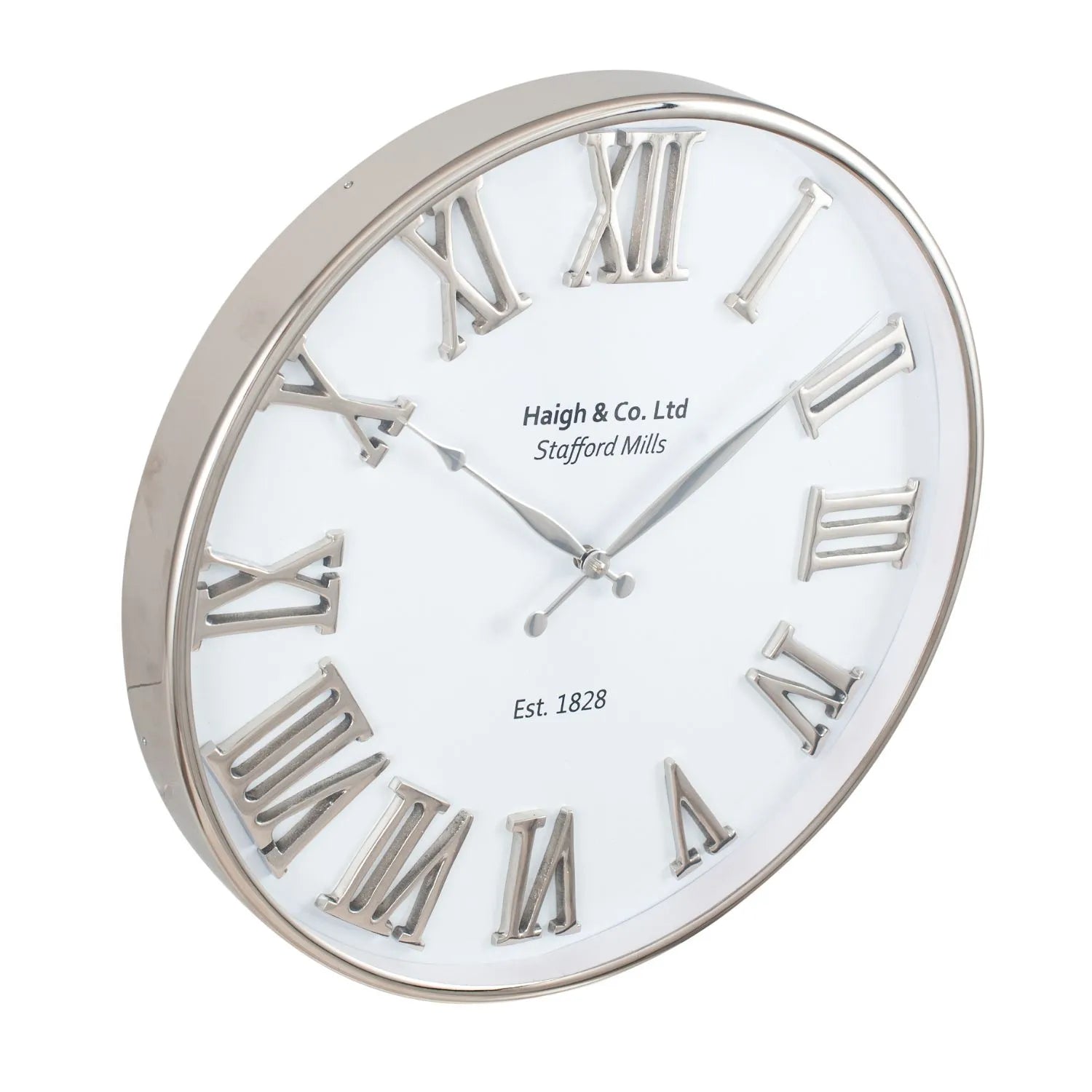 Silver & White Round Metal Wall Clock with Roman Numerals and Silver Hands 61x61x5cm - Click Style