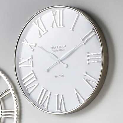 Silver & White Round Metal Wall Clock with Roman Numerals and Silver Hands 61x61x5cm - Click Style