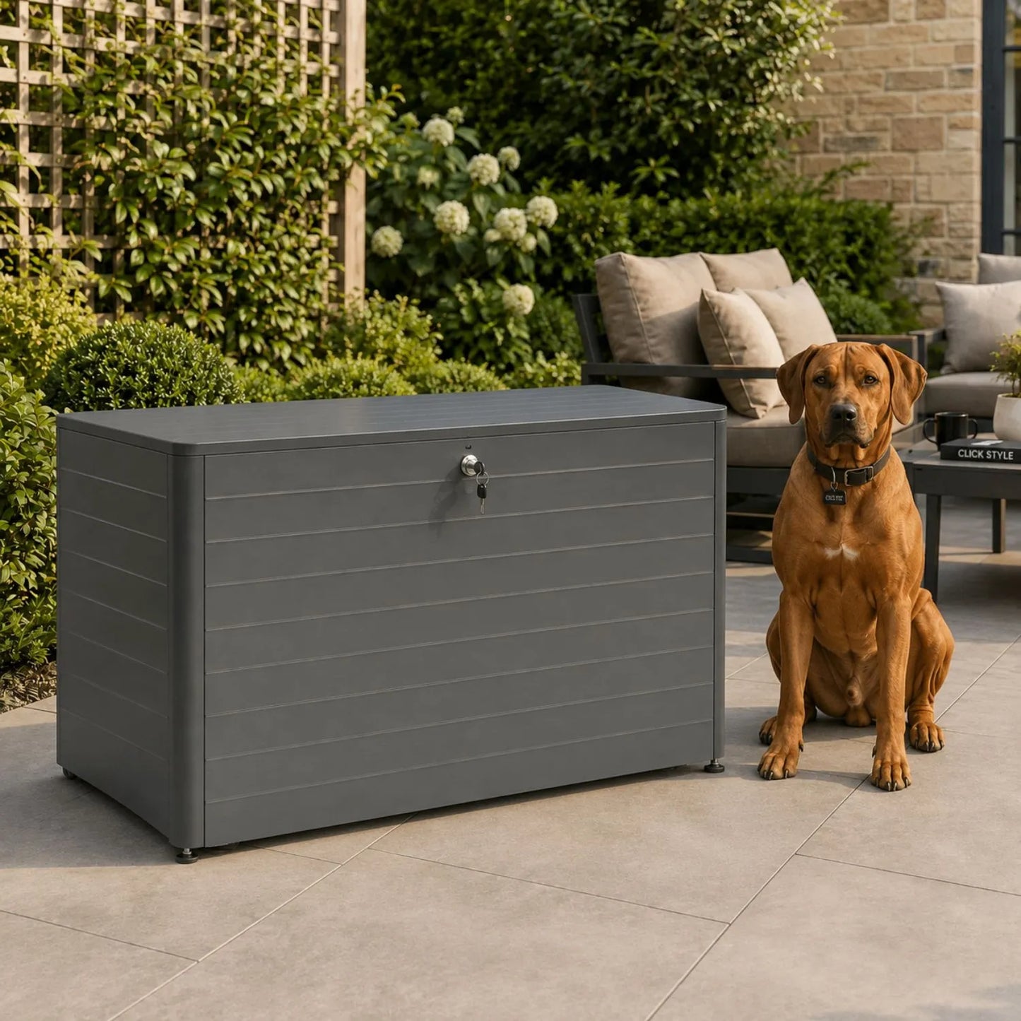 Small Anthracite Grey Galvanised Steel Outdoor Cushion Storage Box with Lockable Lid styled in a contemporary garden with Rhodesian Ridgeback sitting beside it 78x134x62cm | Click Style