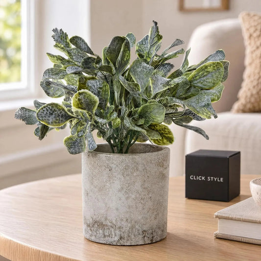 Small Artificial Eucalyptus Plant with Silvery Green Variegated Leaves in Textured Grey Pot – Realistic Faux Potted Greenery 20cm close-up showing mottled foliage and weathered grey pot beside a black CLICK STYLE presentation box | Click Style