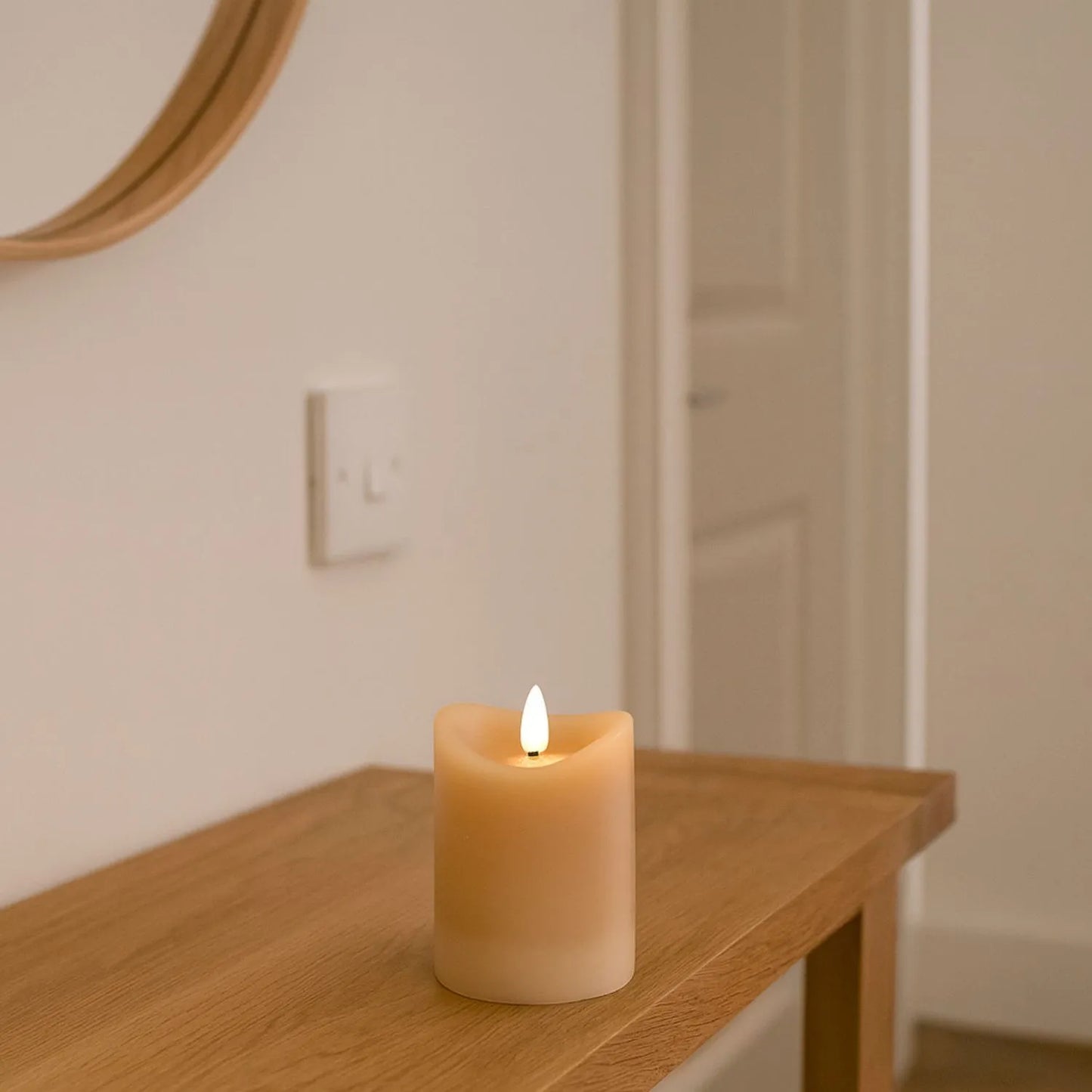 Small Beige Taupe Melted-Effect Real Wax LED Flameless Pillar Candle with Realistic Flickering Flame – Battery Operated Decorative Light 10x7x7cm | Click Style