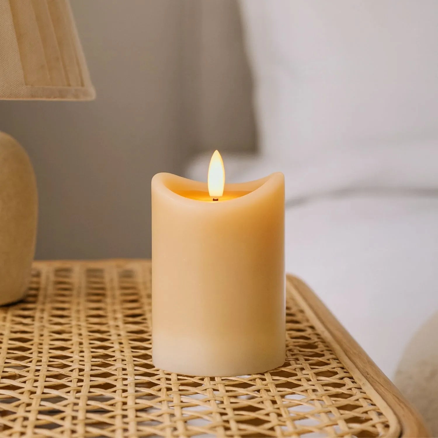 Small Beige Taupe Melted-Effect Real Wax LED Flameless Pillar Candle with Realistic Flickering Flame – Battery Operated Decorative Light 10x7x7cm | Click Style