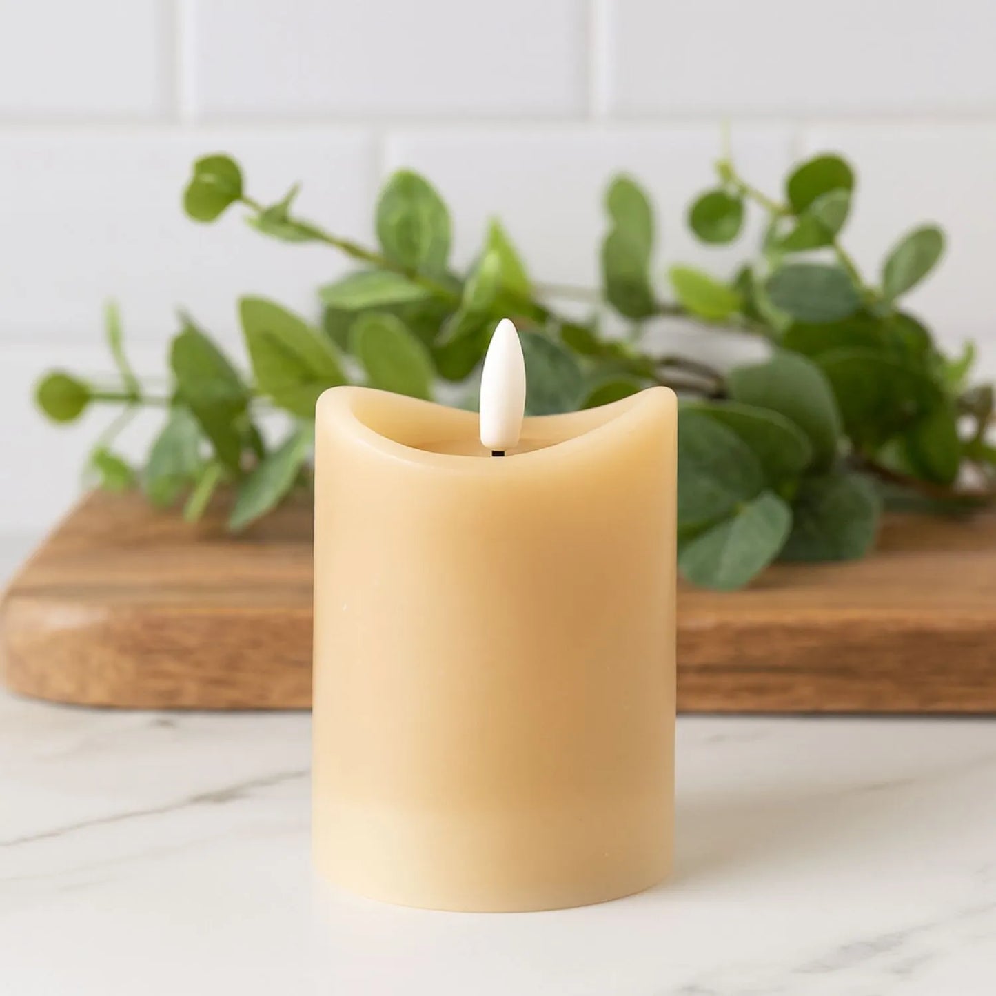 Small Beige Taupe Melted-Effect Real Wax LED Flameless Pillar Candle with Realistic Flickering Flame – Battery Operated Decorative Light 10x7x7cm | Click Style