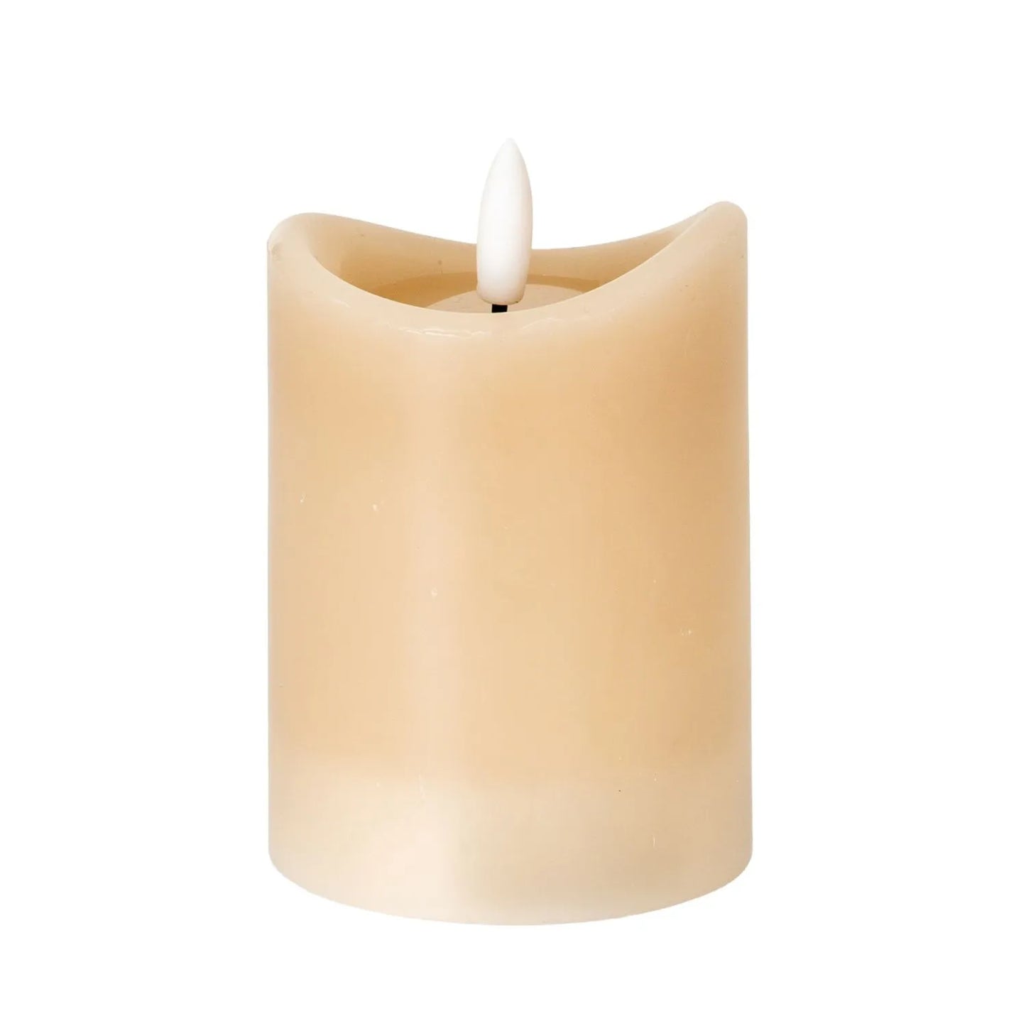 Small Beige Taupe Melted-Effect Real Wax LED Flameless Pillar Candle with Realistic Flickering Flame – Battery Operated Decorative Light 10x7x7cm | Click Style