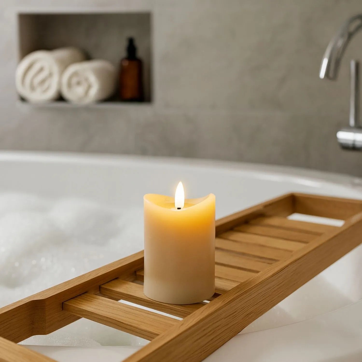 Small Beige Taupe Melted-Effect Real Wax LED Flameless Pillar Candle with Realistic Flickering Flame – Battery Operated Decorative Light 10x7x7cm | Click Style