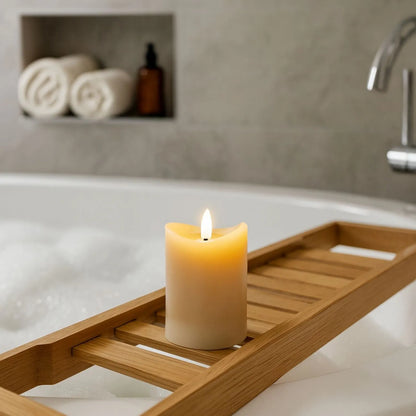 Small Beige Taupe Melted-Effect Real Wax LED Flameless Pillar Candle with Realistic Flickering Flame – Battery Operated Decorative Light 10x7x7cm | Click Style