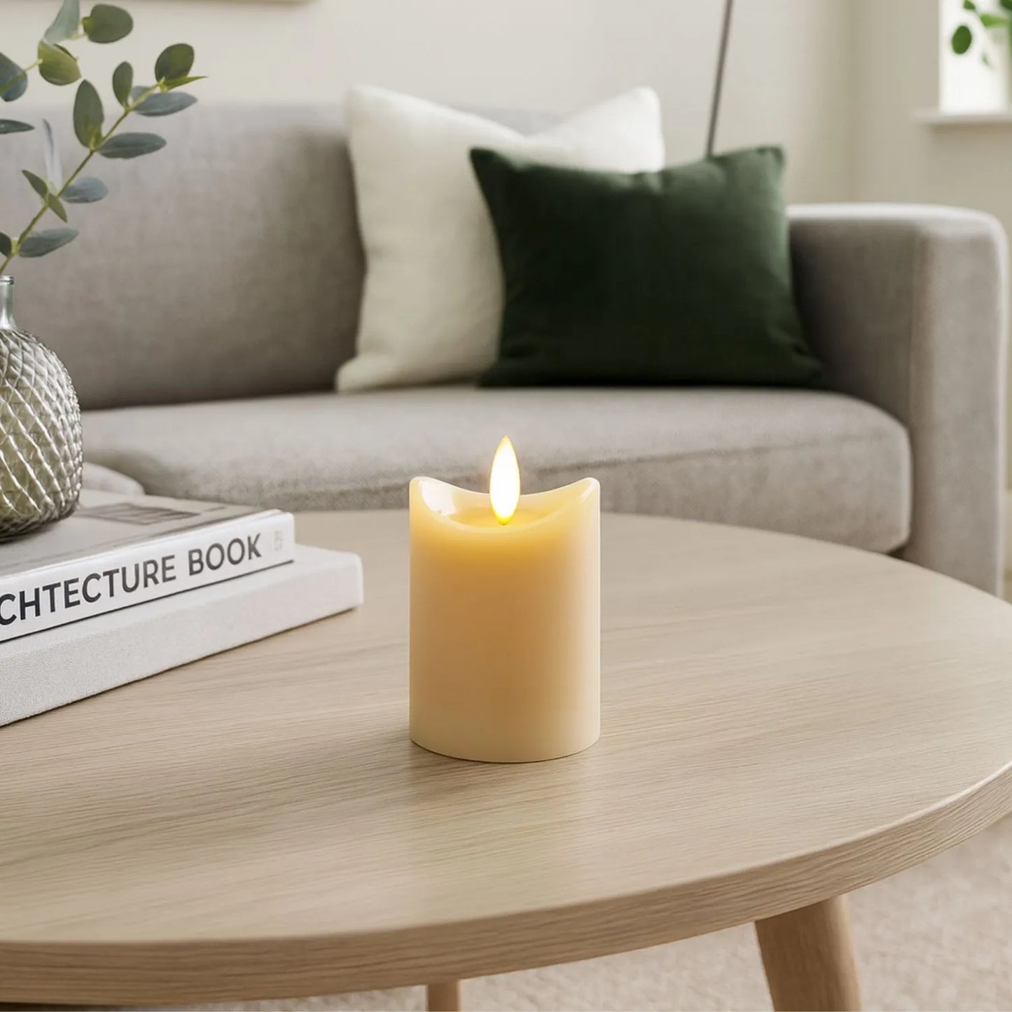 Small Beige Taupe Melted-Effect Real Wax LED Flameless Pillar Candle with Realistic Flickering Flame – Battery Operated Decorative Light 10x7x7cm | Click Style