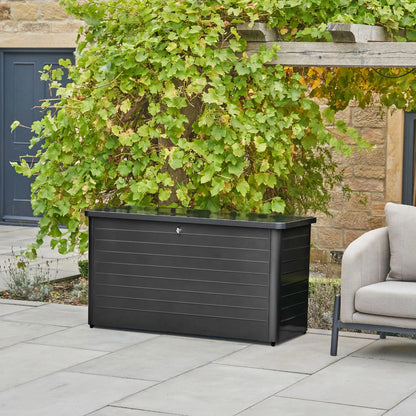 Small Black Galvanised Steel Outdoor Cushion Storage Box lifestyle front view angled slightly right with closed lid | Click Style