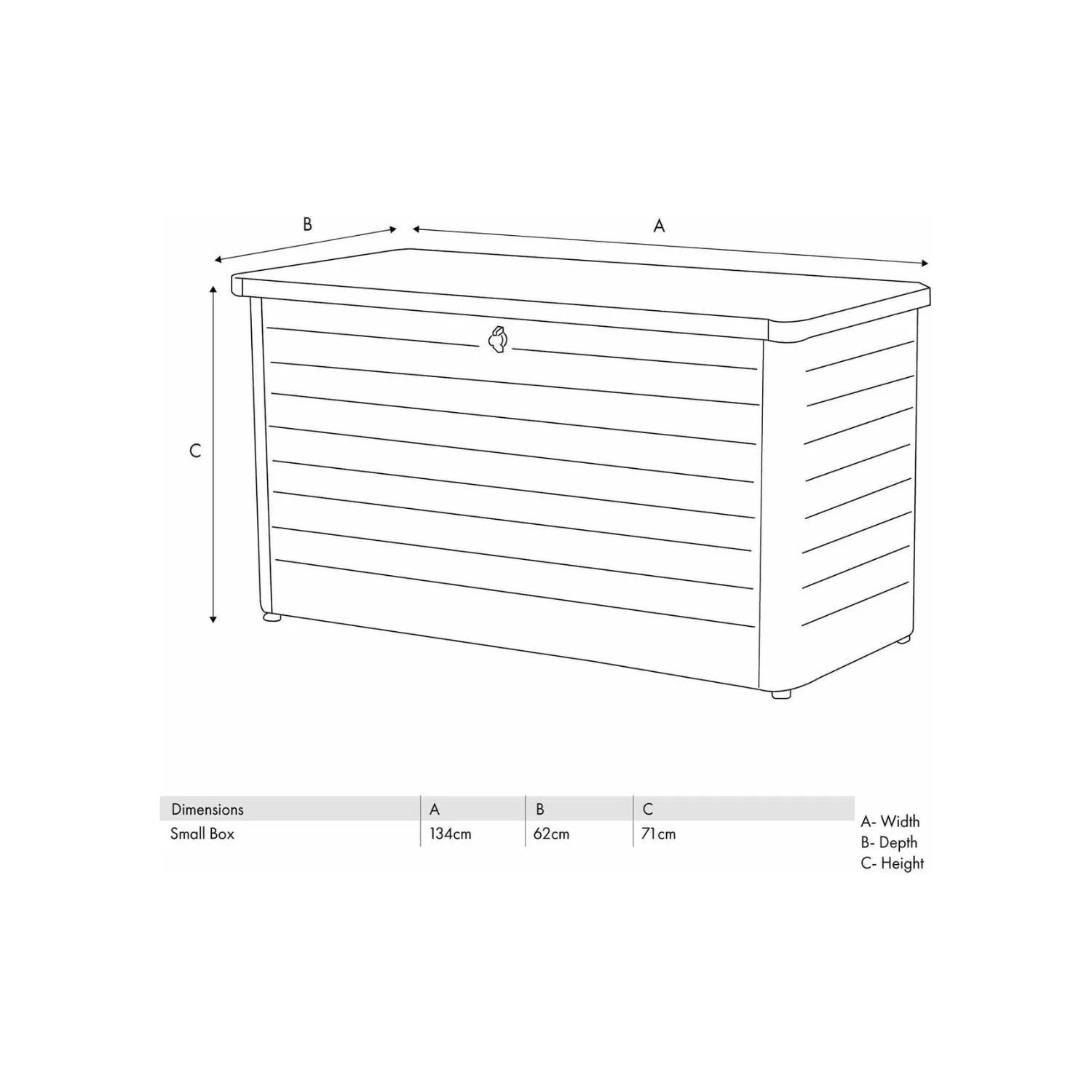 Small Black Galvanised Steel Outdoor Cushion Storage Box dimensions diagram showing H78 x W134 x D62cm | Click Style