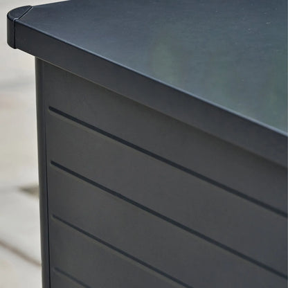 Small Black Galvanised Steel Outdoor Cushion Storage Box lifestyle close-up with closed lid showing rounded top left corner lid and front panel | Click Style