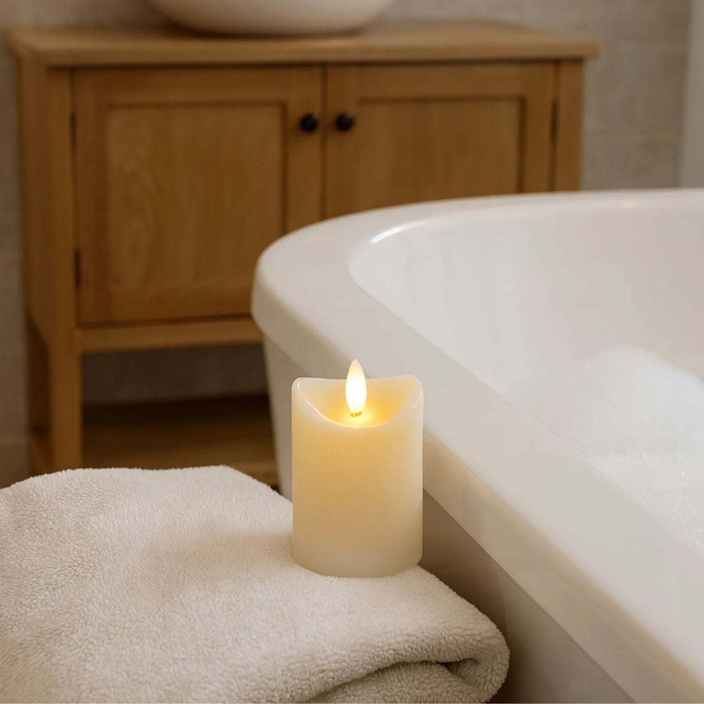 Small Cream Melted-Effect Real Wax LED Flameless Pillar Candle with Flickering Flame – Battery Operated Decorative Light 10x7x7cm | Click Style