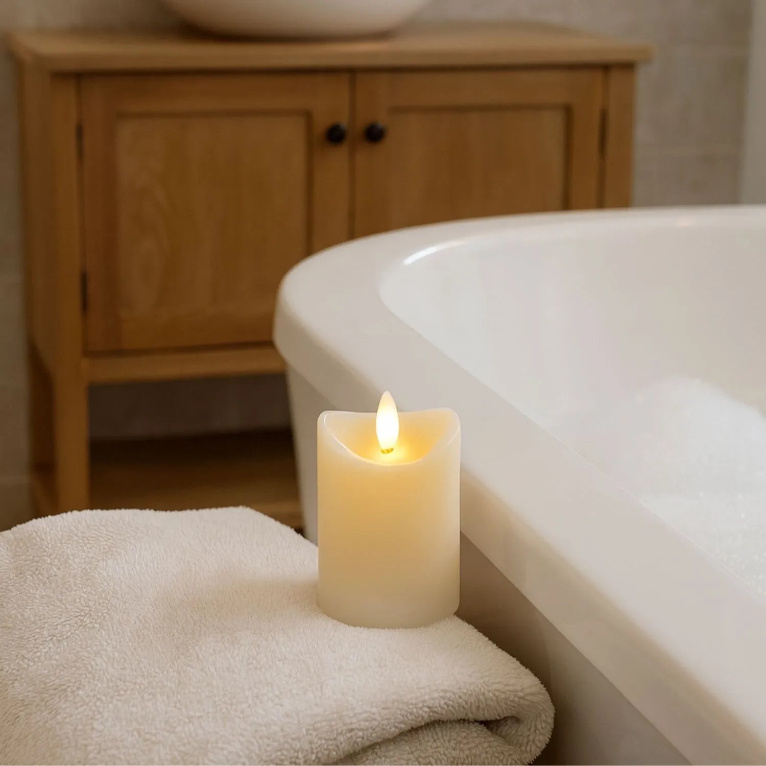 Small Cream Melted-Effect Real Wax LED Flameless Pillar Candle with Flickering Flame – Battery Operated Decorative Light 10x7x7cm | Click Style