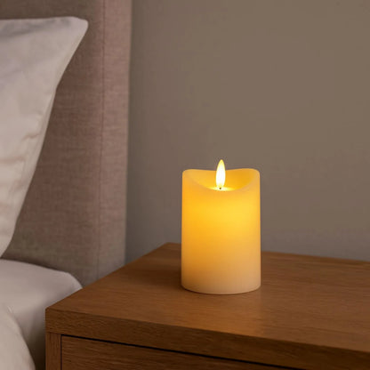 Small Cream Melted-Effect Real Wax LED Flameless Pillar Candle with Flickering Flame – Battery Operated Decorative Light 10x7x7cm | Click Style