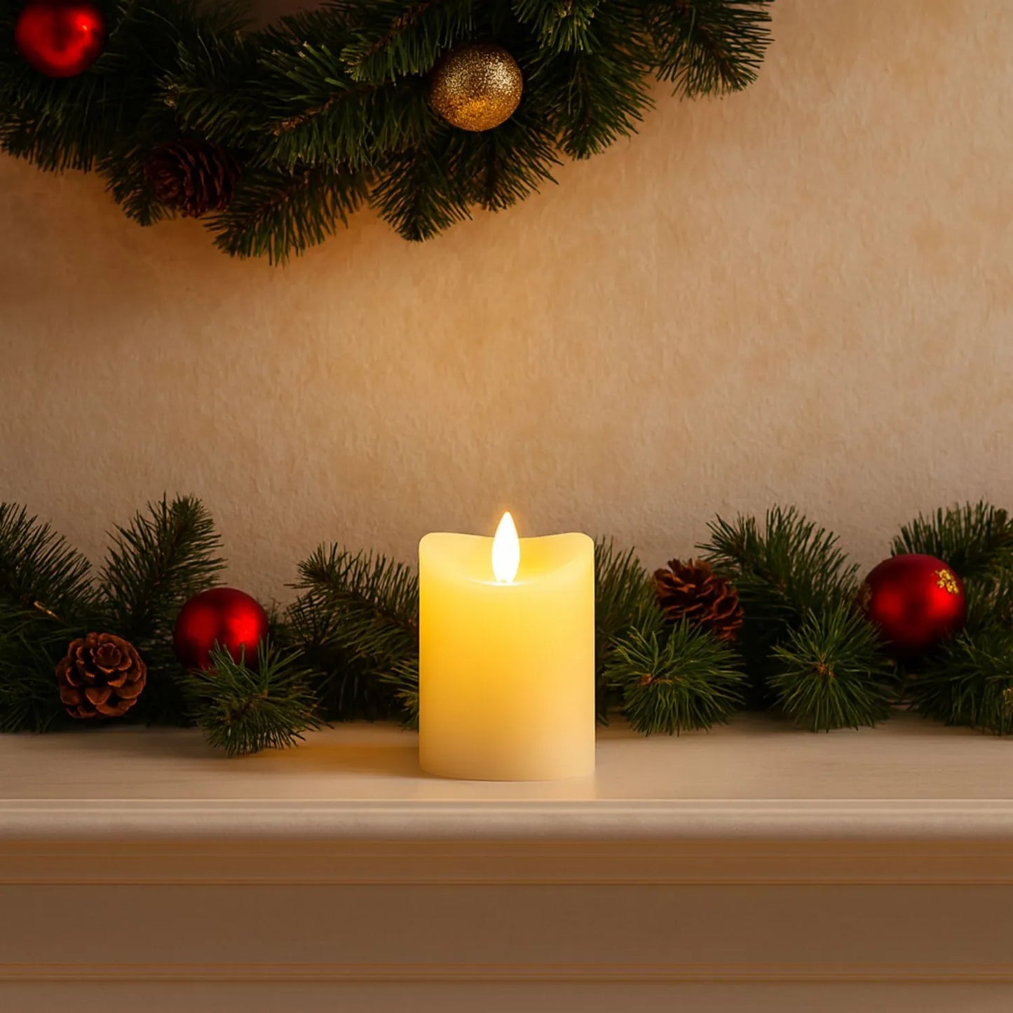 Small Cream Melted-Effect Real Wax LED Flameless Pillar Candle with Flickering Flame – Battery Operated Decorative Light 10x7x7cm | Click Style