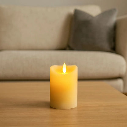 Small Cream Melted-Effect Real Wax LED Flameless Pillar Candle with Flickering Flame – Battery Operated Decorative Light 10x7x7cm | Click Style