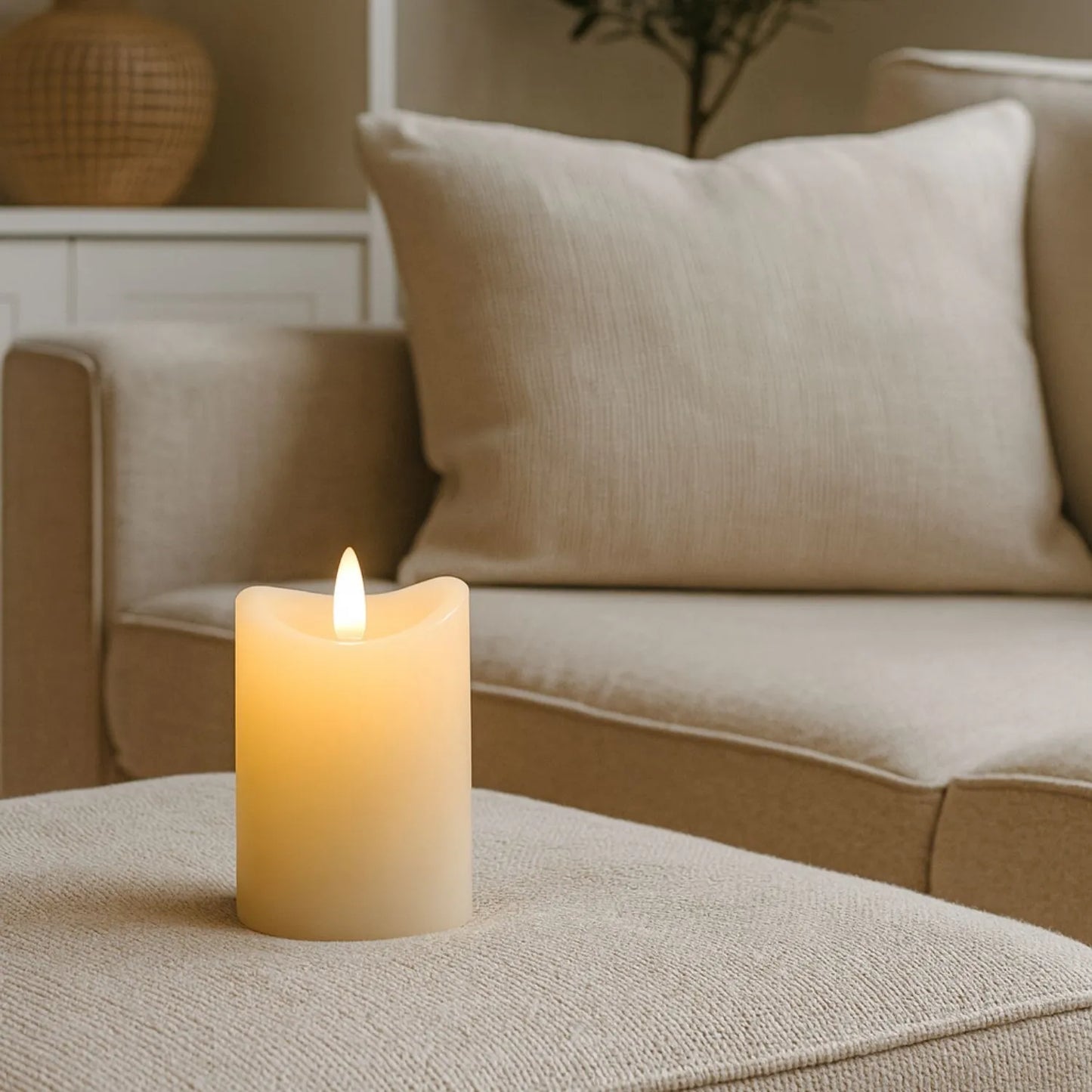 Small Cream Melted-Effect Real Wax LED Flameless Pillar Candle with Flickering Flame – Battery Operated Decorative Light 10x7x7cm | Click Style