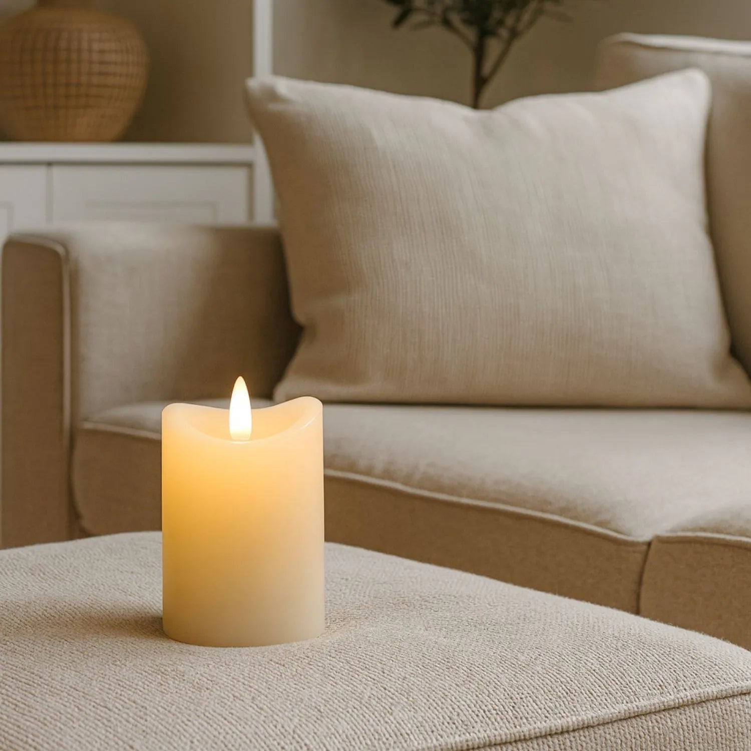 Small Cream Melted-Effect Real Wax LED Flameless Pillar Candle with Flickering Flame – Battery Operated Decorative Light 10x7x7cm | Click Style