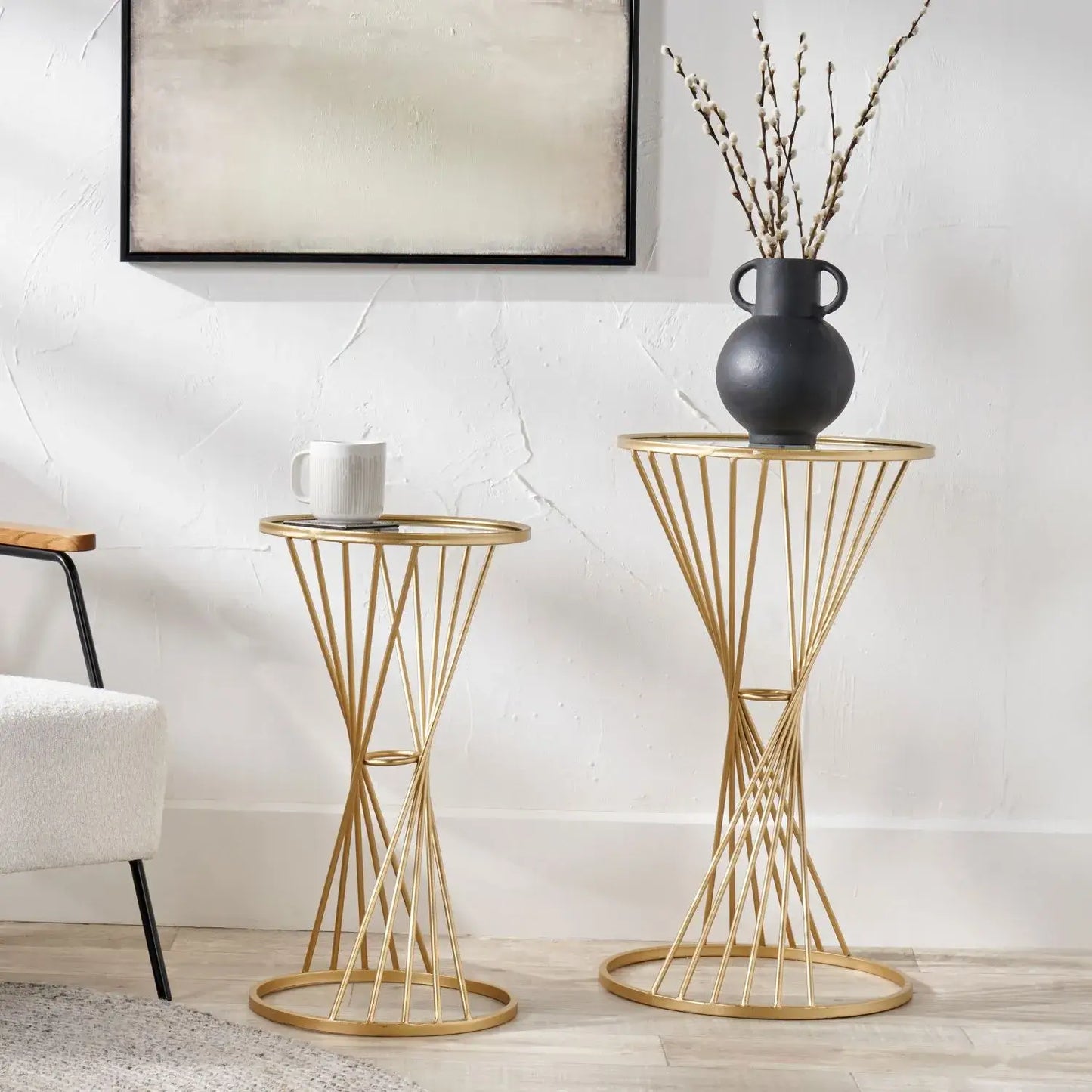 Small Gold Metal Wire Side Table with Glass Top – Modern Round Accent Table 60x33cm - Click Style