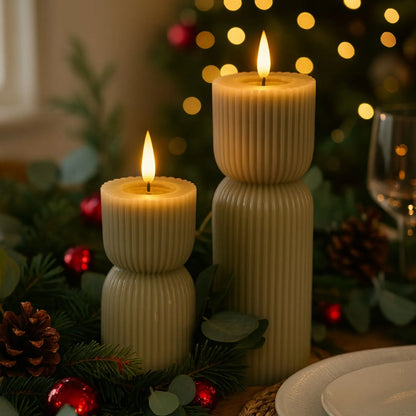 Small Grey-Sage Sculpted Ribbed Wax LED Flameless Pillar Candle With Realistic Flickering Flame – Battery Operated Decorative Light 14x7x7cm | Click Style