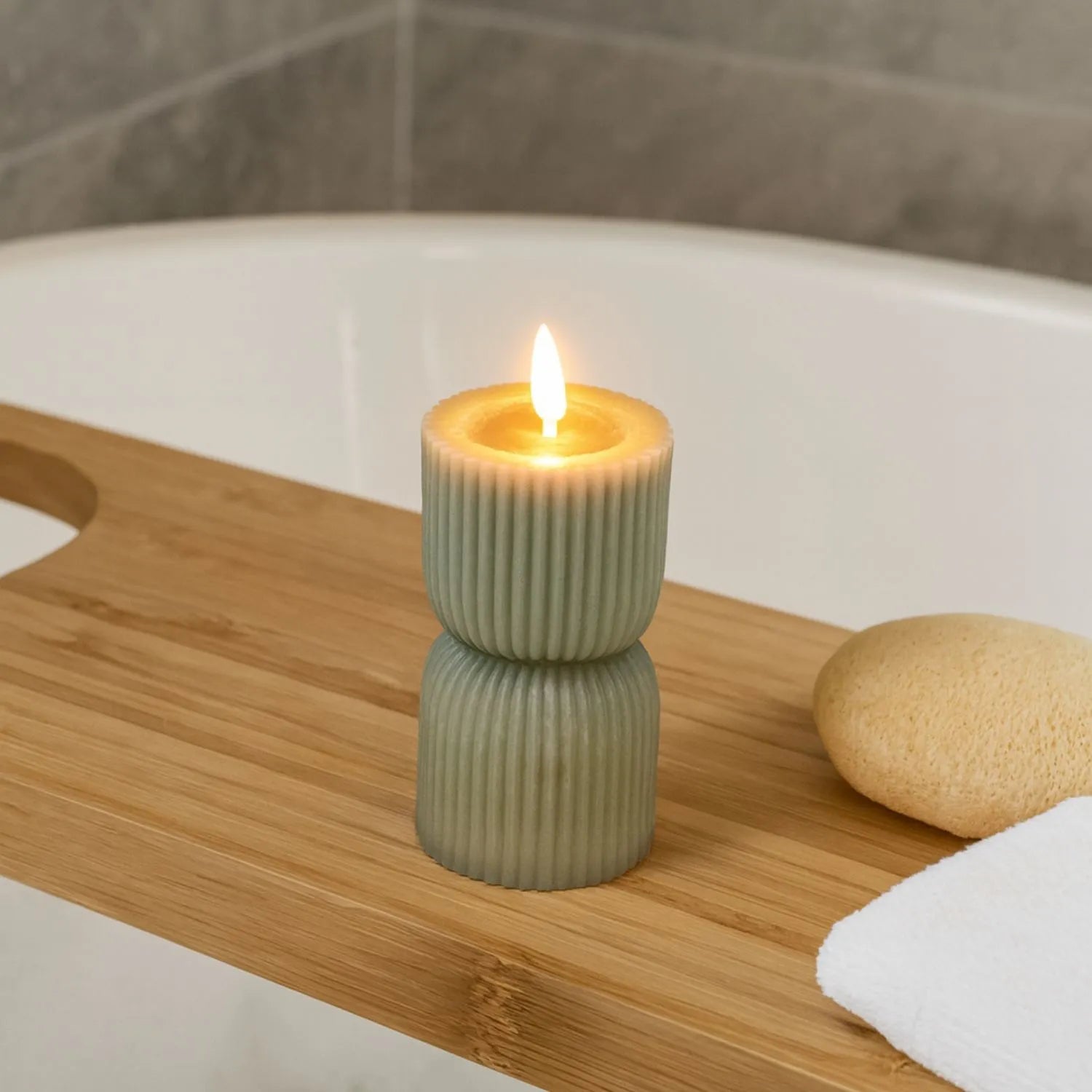 Small Grey-Sage Sculpted Ribbed Wax LED Flameless Pillar Candle With Realistic Flickering Flame – Battery Operated Decorative Light 14x7x7cm | Click Style