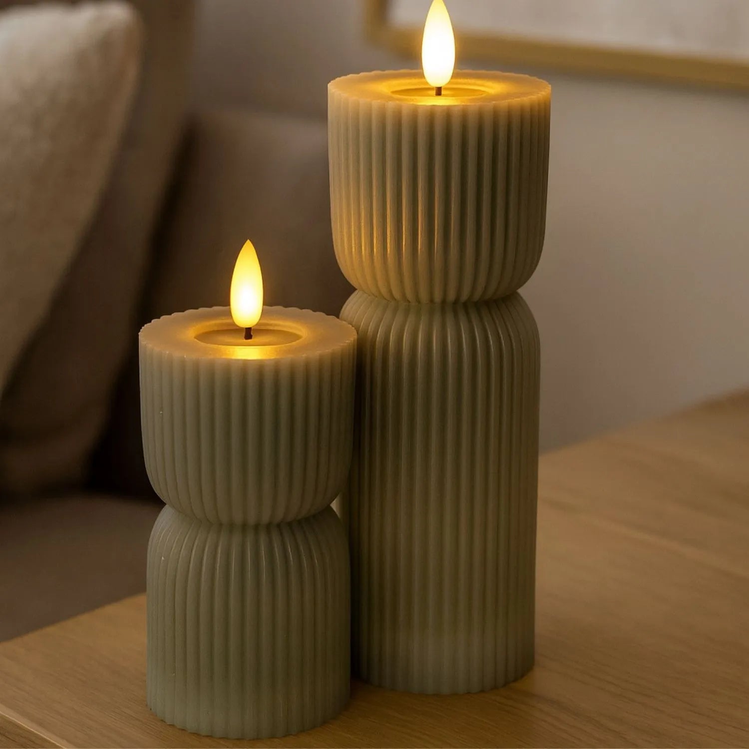 Small Grey-Sage Sculpted Ribbed Wax LED Flameless Pillar Candle With Realistic Flickering Flame – Battery Operated Decorative Light 14x7x7cm | Click Style