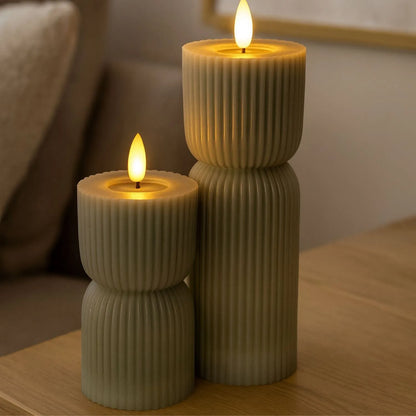 Small Grey-Sage Sculpted Ribbed Wax LED Flameless Pillar Candle With Realistic Flickering Flame – Battery Operated Decorative Light 14x7x7cm | Click Style