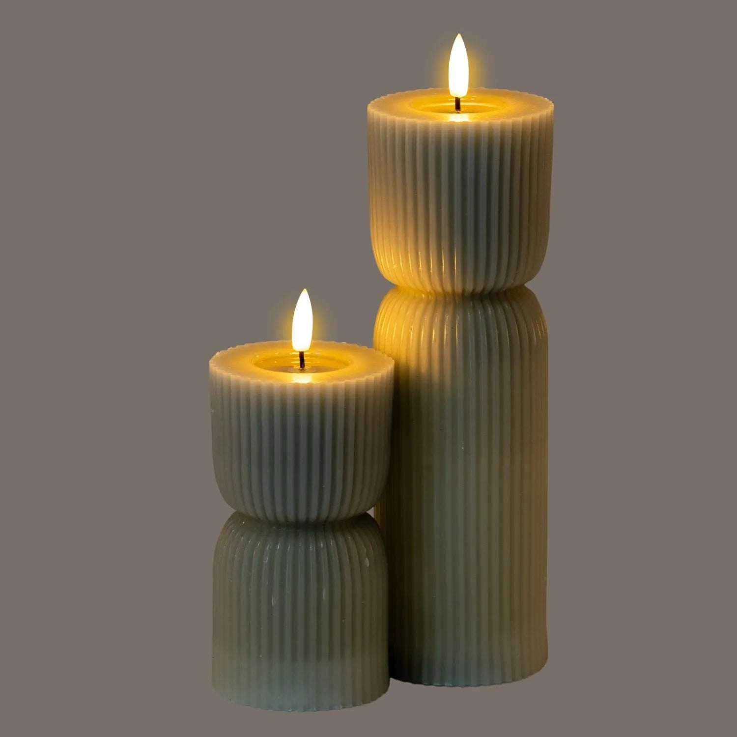 Small Grey-Sage Sculpted Ribbed Wax LED Flameless Pillar Candle With Realistic Flickering Flame – Battery Operated Decorative Light 14x7x7cm | Click Style