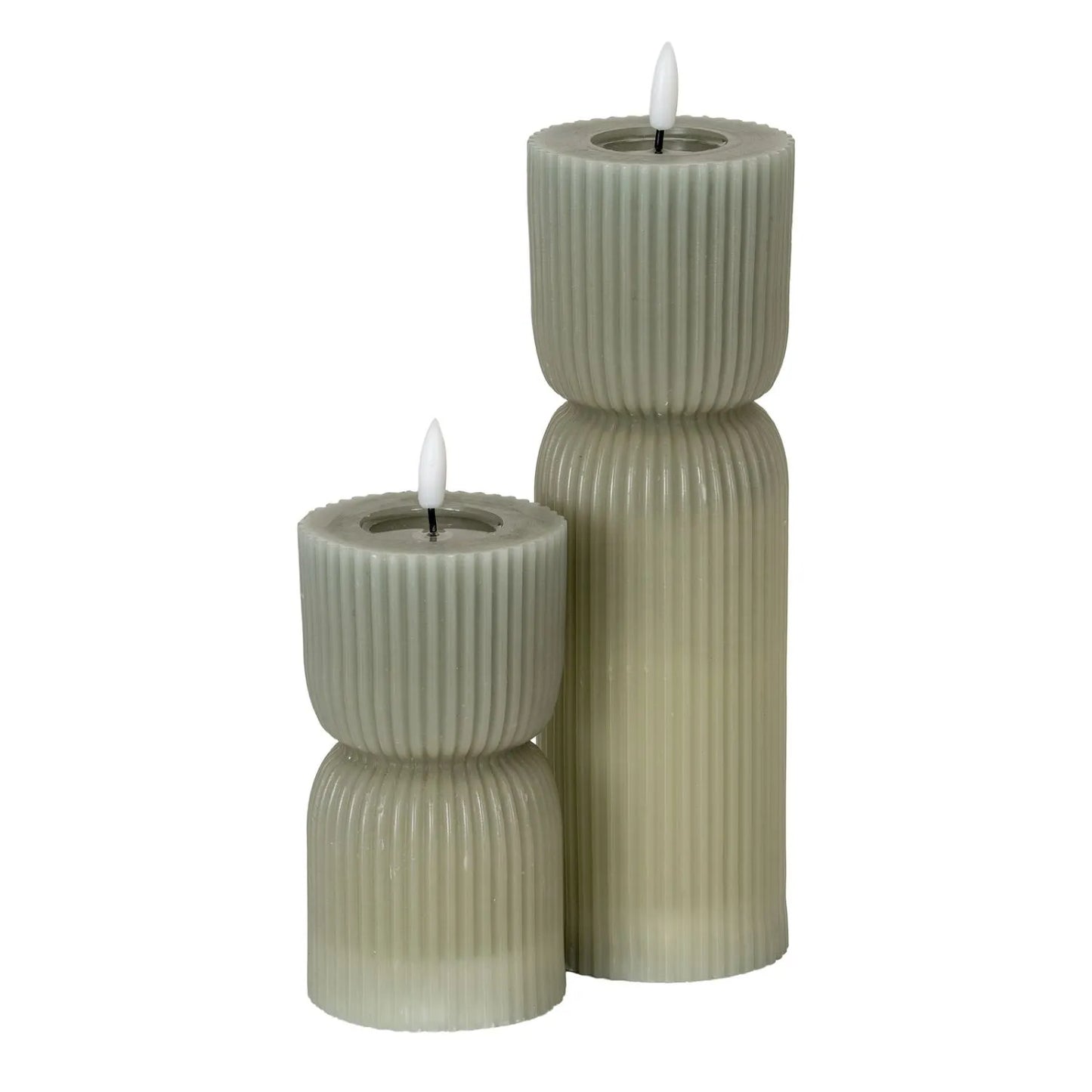 Small Grey-Sage Sculpted Ribbed Wax LED Flameless Pillar Candle With Realistic Flickering Flame – Battery Operated Decorative Light 14x7x7cm | Click Style