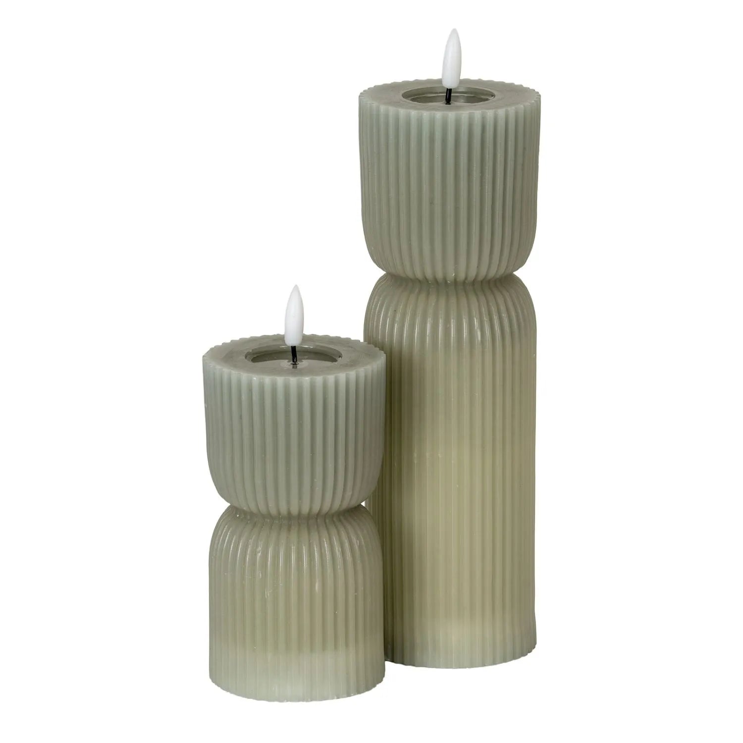 Small Grey-Sage Sculpted Ribbed Wax LED Flameless Pillar Candle With Realistic Flickering Flame – Battery Operated Decorative Light 14x7x7cm | Click Style