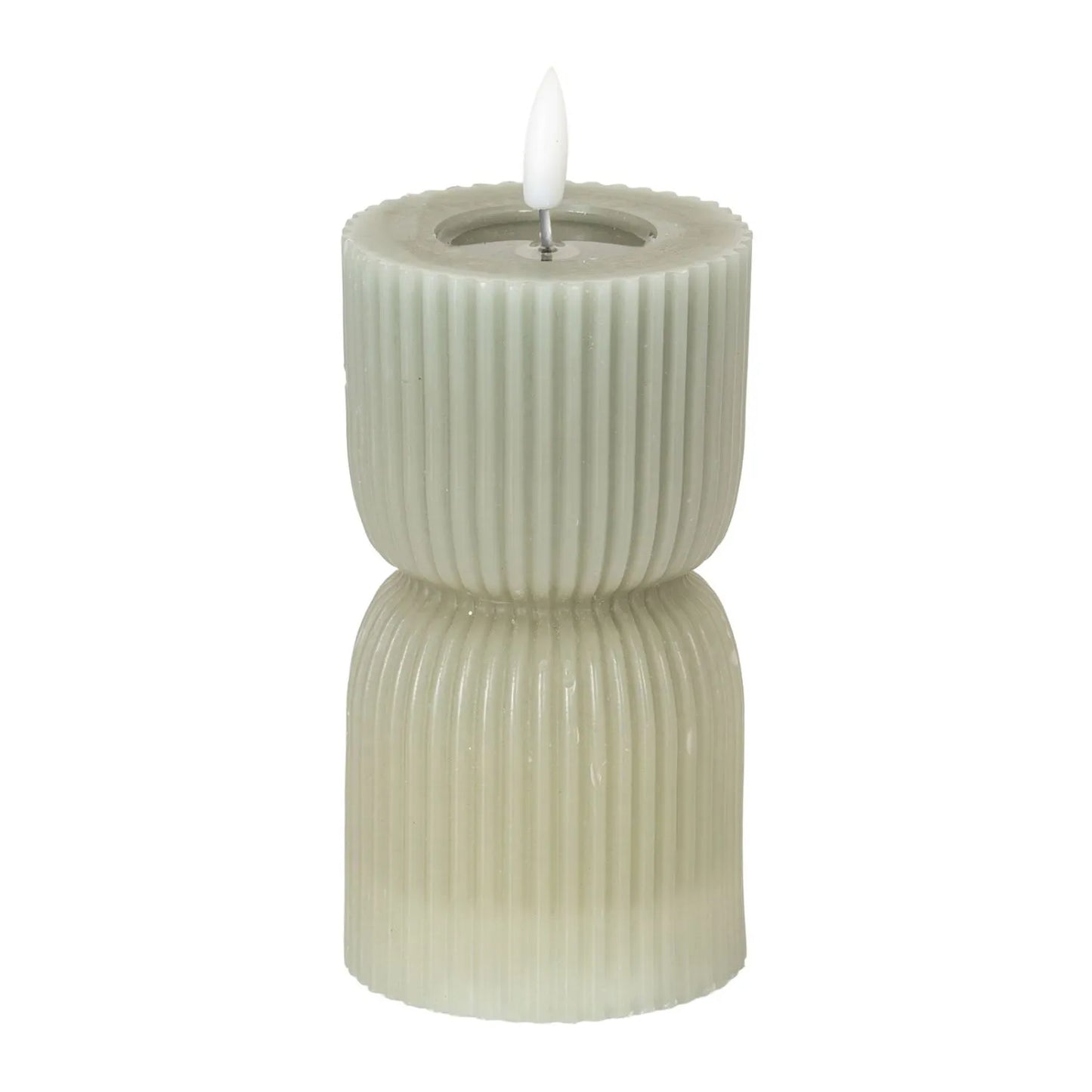 Small Grey-Sage Sculpted Ribbed Wax LED Flameless Pillar Candle With Realistic Flickering Flame – Battery Operated Decorative Light 14x7x7cm | Click Style