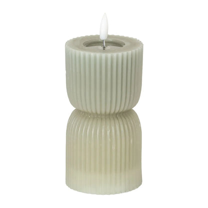 Small Grey-Sage Sculpted Ribbed Wax LED Flameless Pillar Candle With Realistic Flickering Flame – Battery Operated Decorative Light 14x7x7cm | Click Style