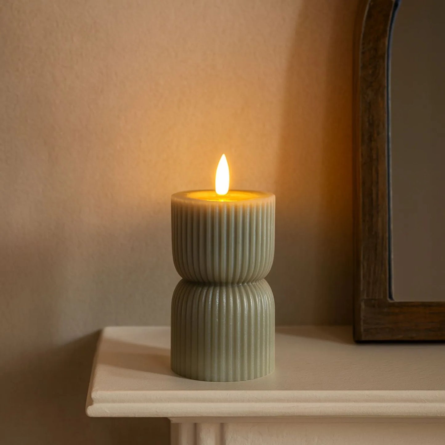 Small Grey-Sage Sculpted Ribbed Wax LED Flameless Pillar Candle With Realistic Flickering Flame – Battery Operated Decorative Light 14x7x7cm | Click Style