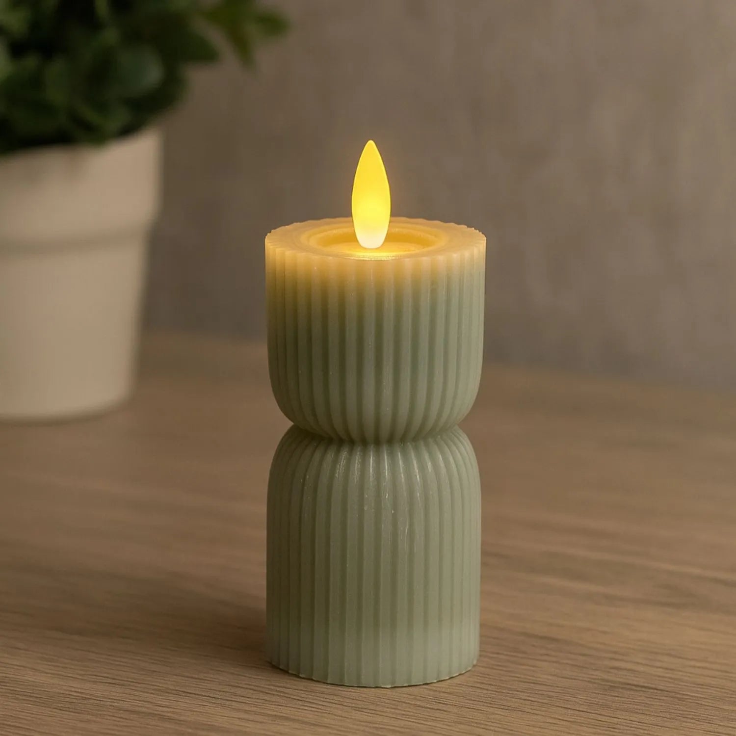 Small Grey-Sage Sculpted Ribbed Wax LED Flameless Pillar Candle With Realistic Flickering Flame – Battery Operated Decorative Light 14x7x7cm | Click Style