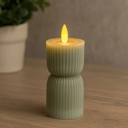 Small Grey-Sage Sculpted Ribbed Wax LED Flameless Pillar Candle With Realistic Flickering Flame – Battery Operated Decorative Light 14x7x7cm | Click Style