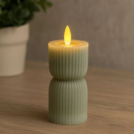 Small Grey-Sage Sculpted Ribbed Wax LED Flameless Pillar Candle With Realistic Flickering Flame – Battery Operated Decorative Light 14x7x7cm | Click Style
