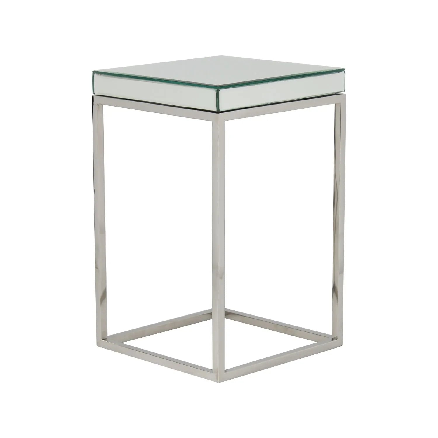 Small Mirrored Glass & Silver Metal Square Side Table – Slim Accent or Sofa Side Table with Mirrored Bevelled Edge Top 48x30x30cm | Click Style