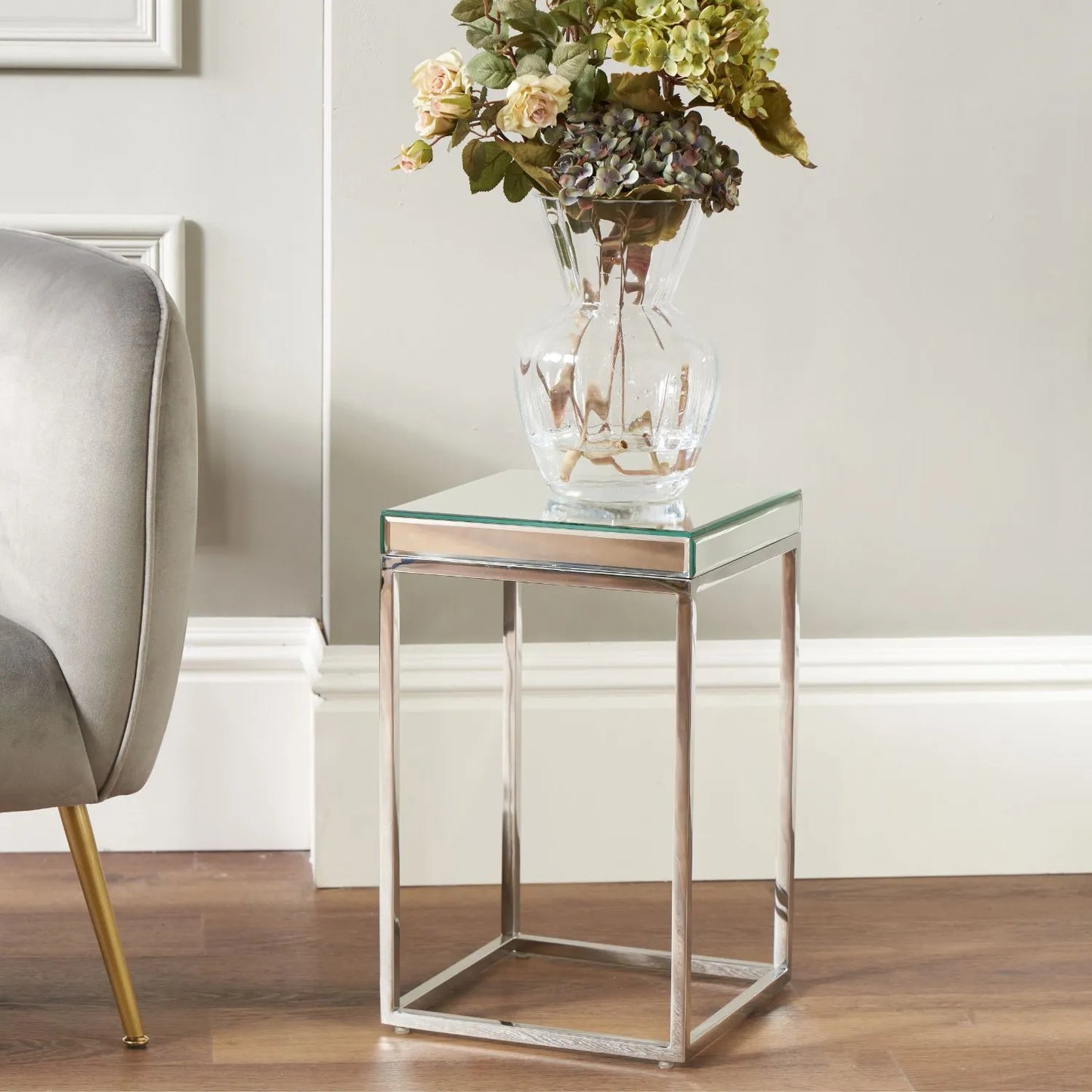 Small Mirrored Glass & Silver Metal Square Side Table – Slim Accent or Sofa Side Table with Mirrored Bevelled Edge Top 48x30x30cm | Click Style