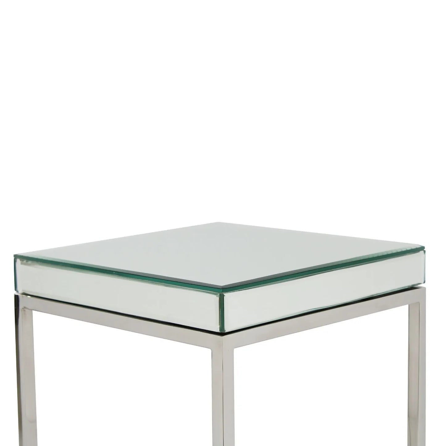 Small Mirrored Glass & Silver Metal Square Side Table – Slim Accent or Sofa Side Table with Mirrored Bevelled Edge Top 48x30x30cm | Click Style
