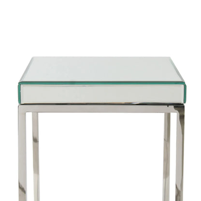 Small Mirrored Glass & Silver Metal Square Side Table – Slim Accent or Sofa Side Table with Mirrored Bevelled Edge Top 48x30x30cm | Click Style