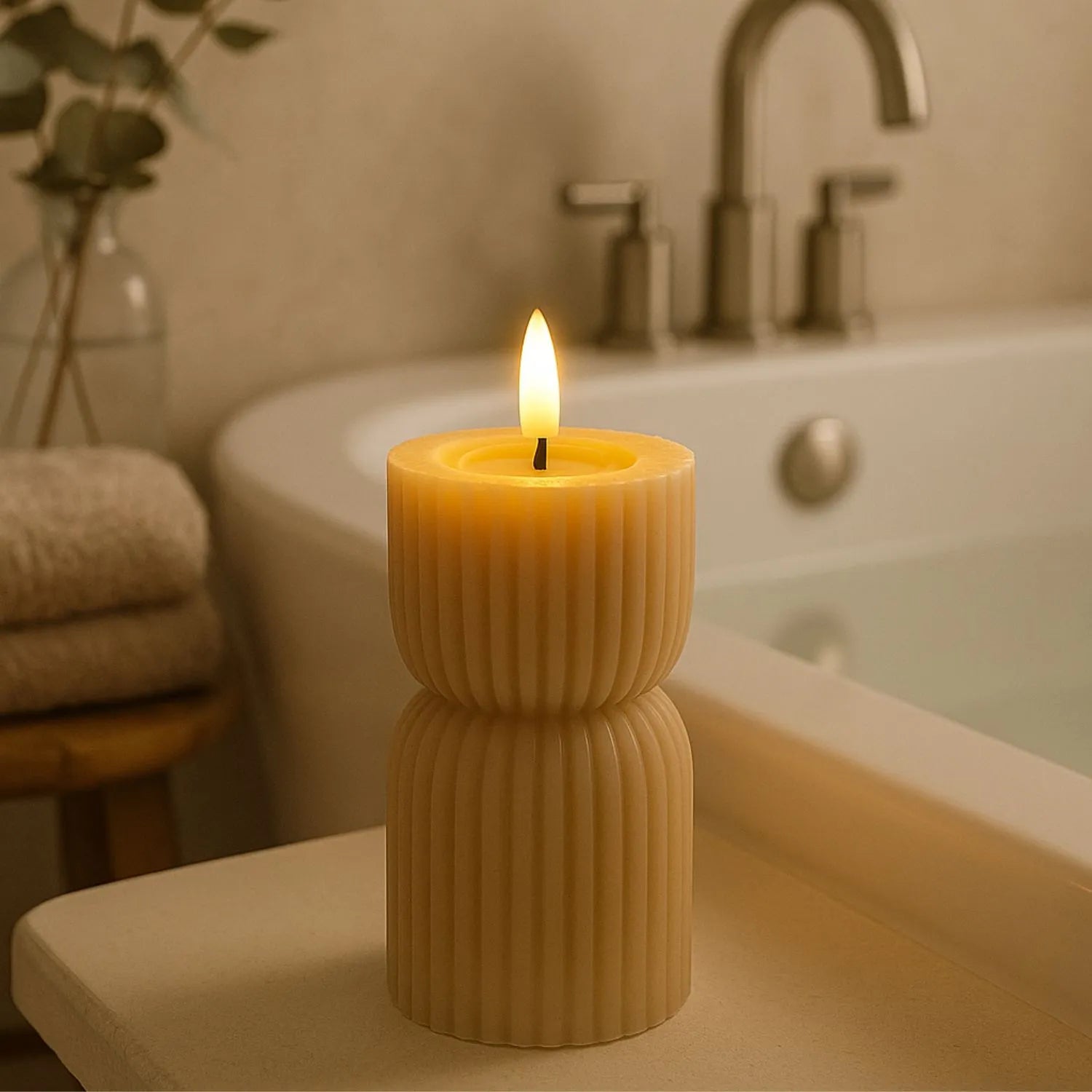 Small Neutral Stone-Beige Sculpted Ribbed Wax LED Flameless Pillar Candle with Flickering Flame – Battery Operated Decorative Light 14x7x7cm | Click Style
